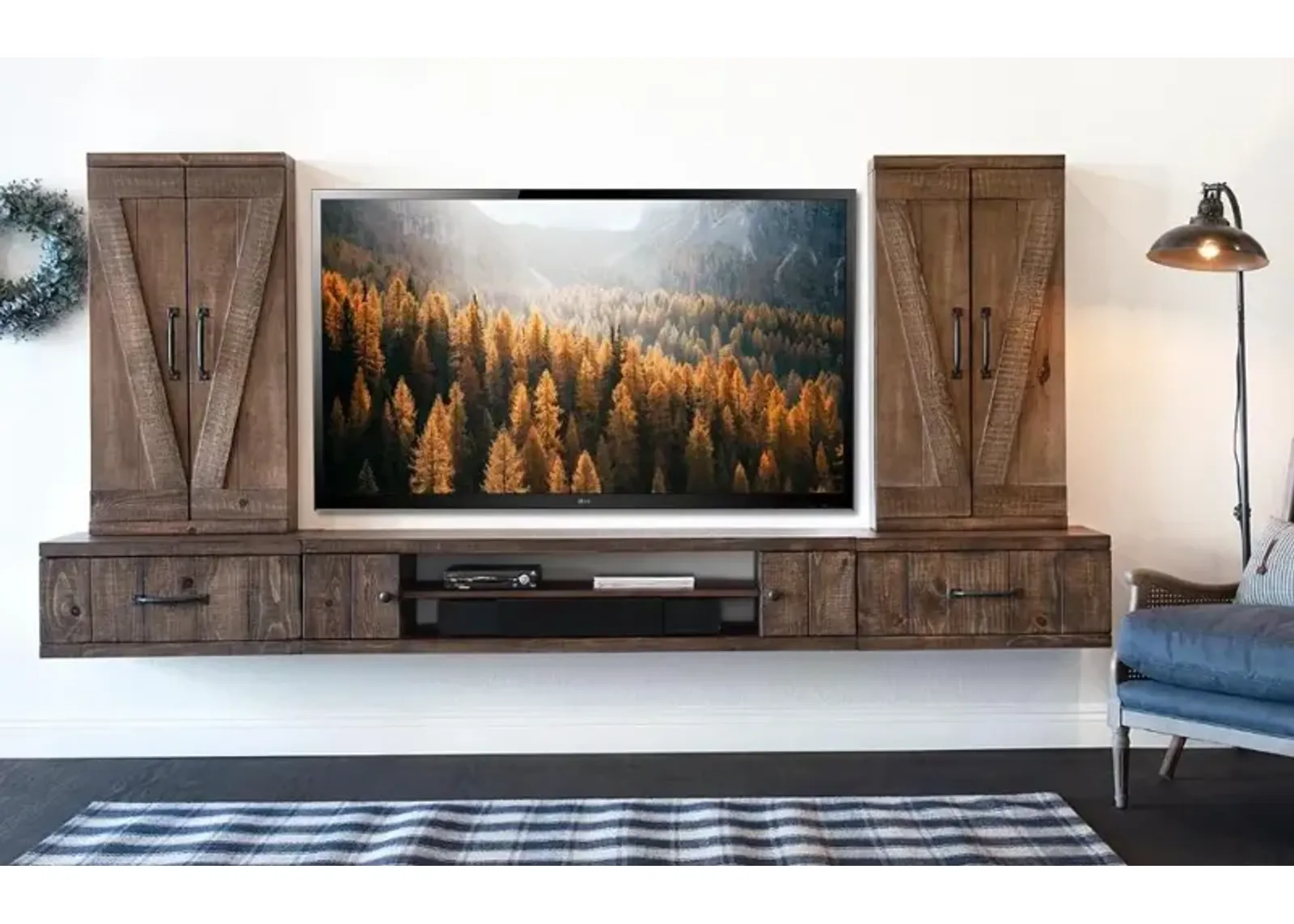 Farmhouse Rustic Wall Mounted TV Stand with Modular Barndoor Consoles