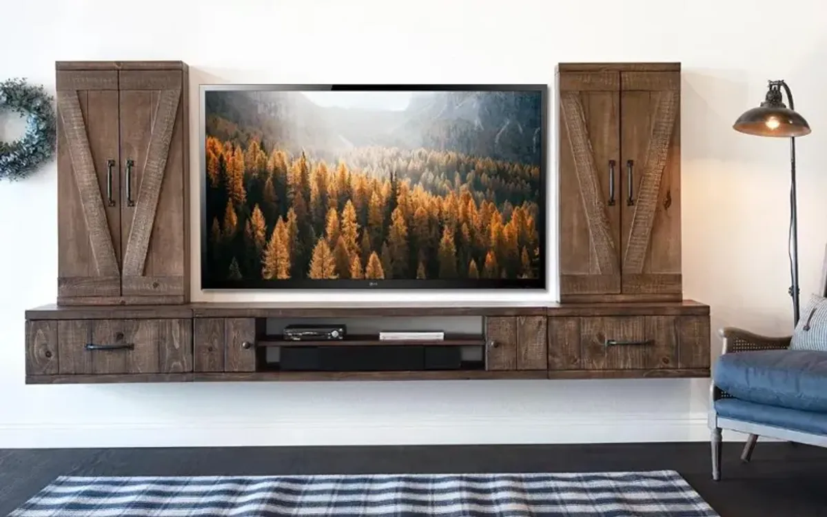 Farmhouse Rustic Wall Mounted TV Stand with Modular Barndoor Consoles