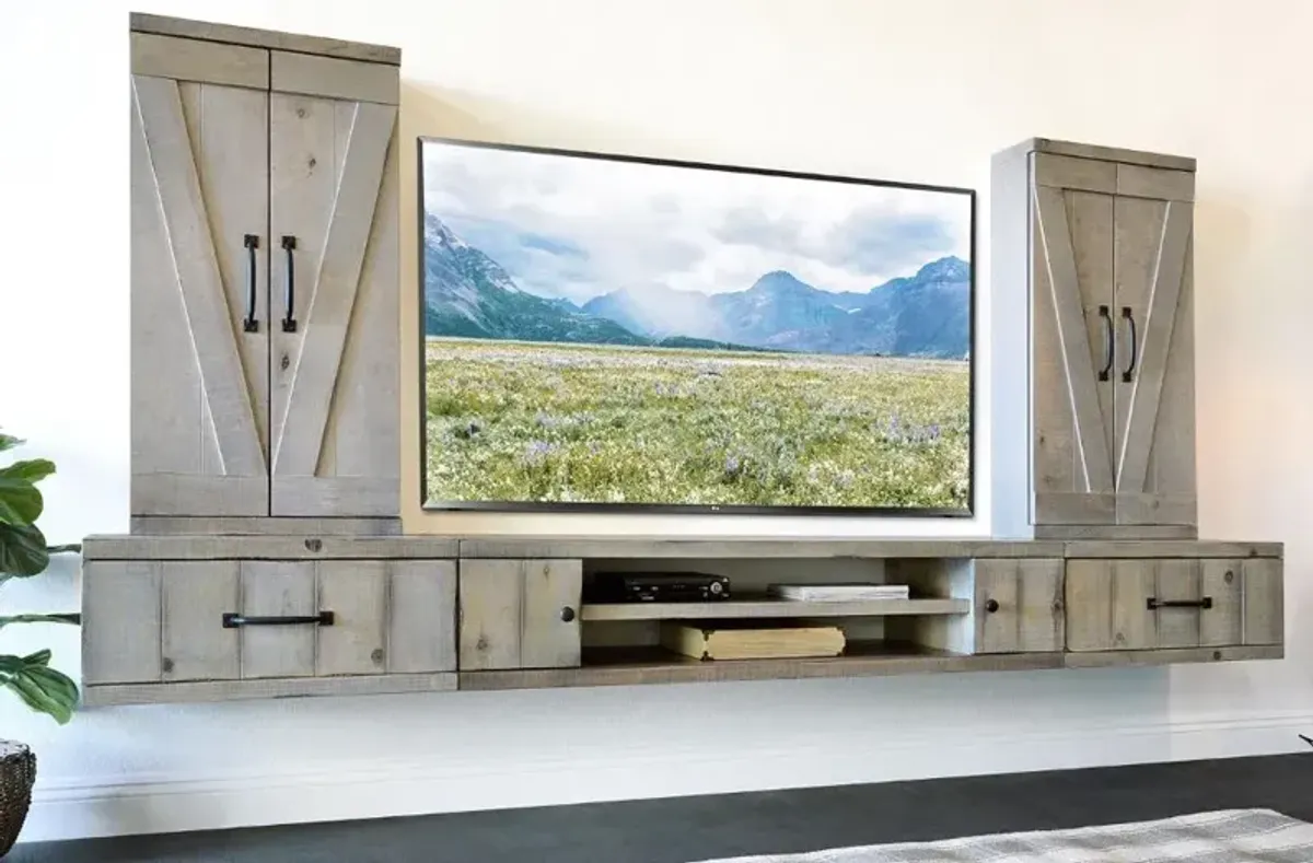 Farmhouse Gray Wall Mounted TV Stand with Modular Barndoor Consoles