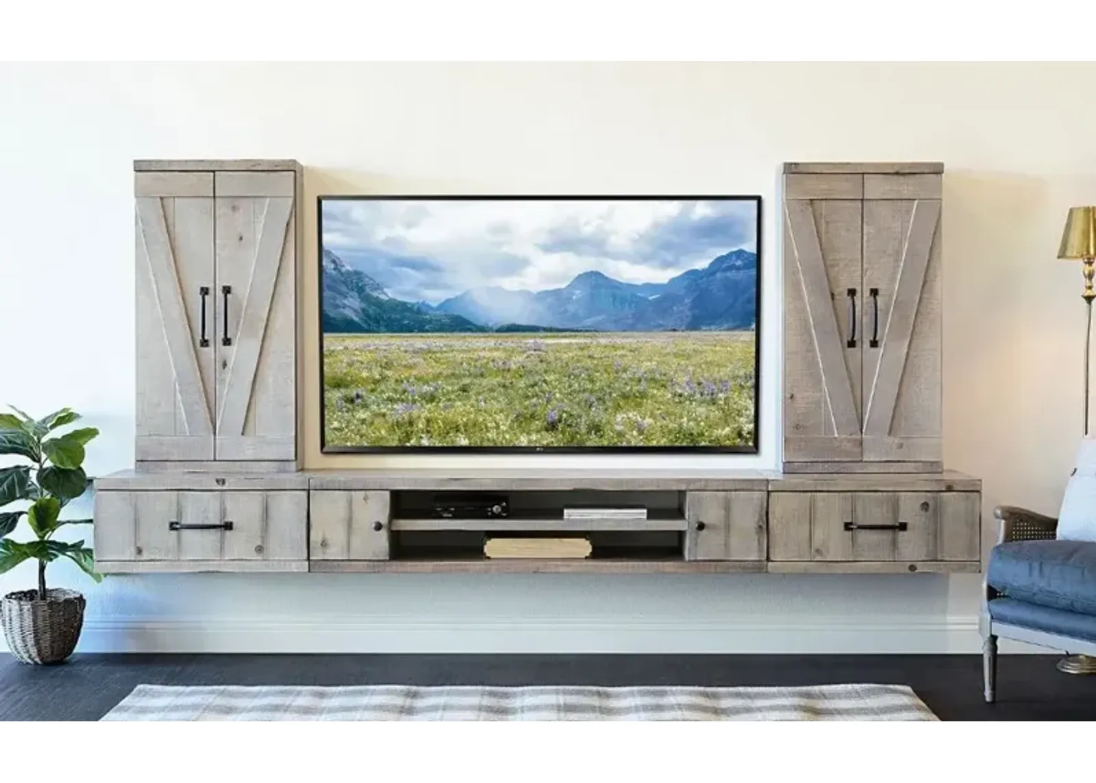 Farmhouse Gray Wall Mounted TV Stand with Modular Barndoor Consoles