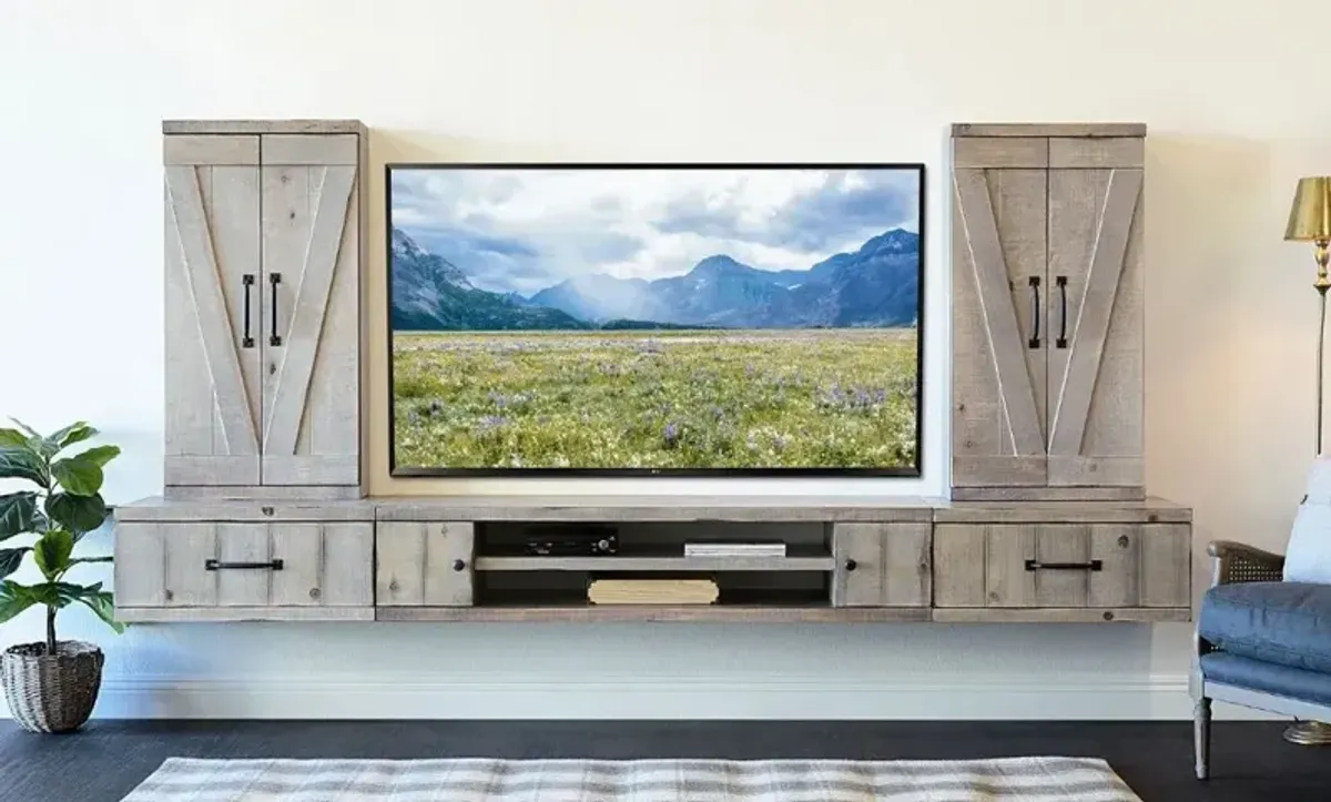 Farmhouse Gray Wall Mounted TV Stand with Modular Barndoor Consoles