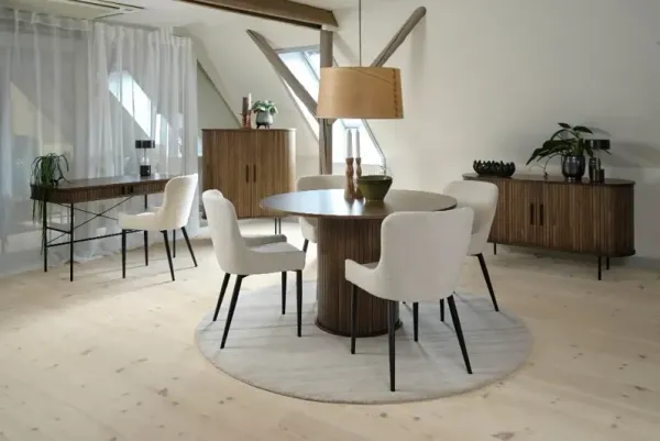 Nola Brown Oak Round Dining Table with Slatted Pedestal Base