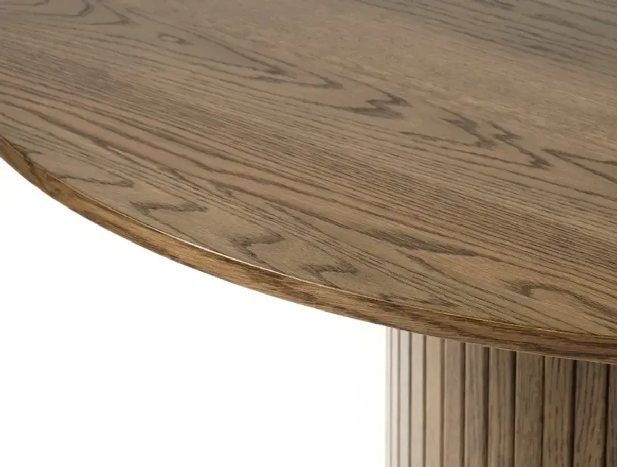 Nola Brown Oak Round Dining Table with Slatted Pedestal Base