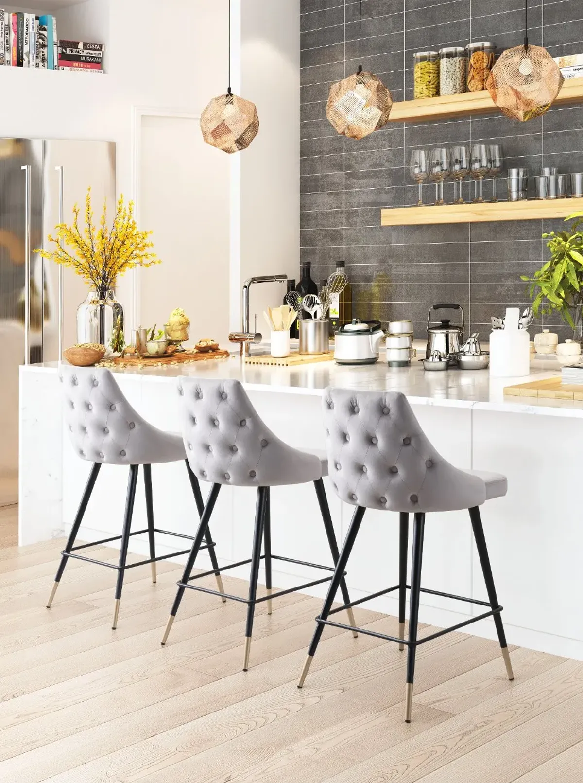 Drancy Gray Velvet Counter Stool