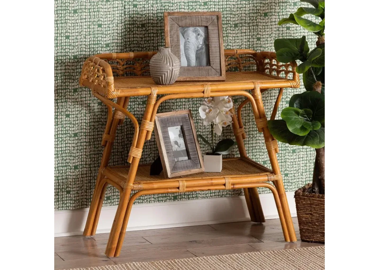 Nayana Bohemian Natural Rattan 2-Tier Console Table