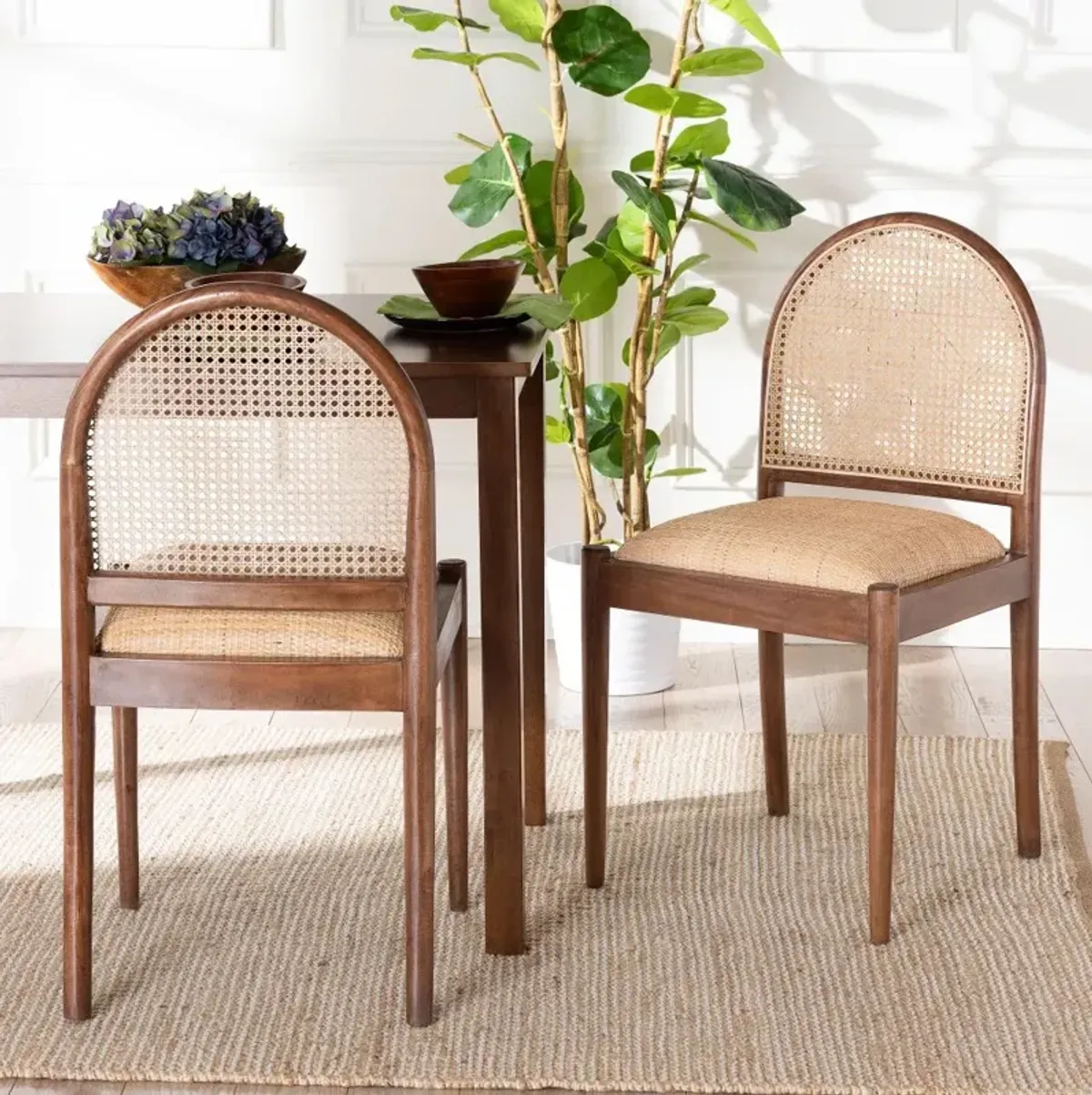 Maryland Natural Rattan and Acacia Wood Dining Chairs, Set of 2