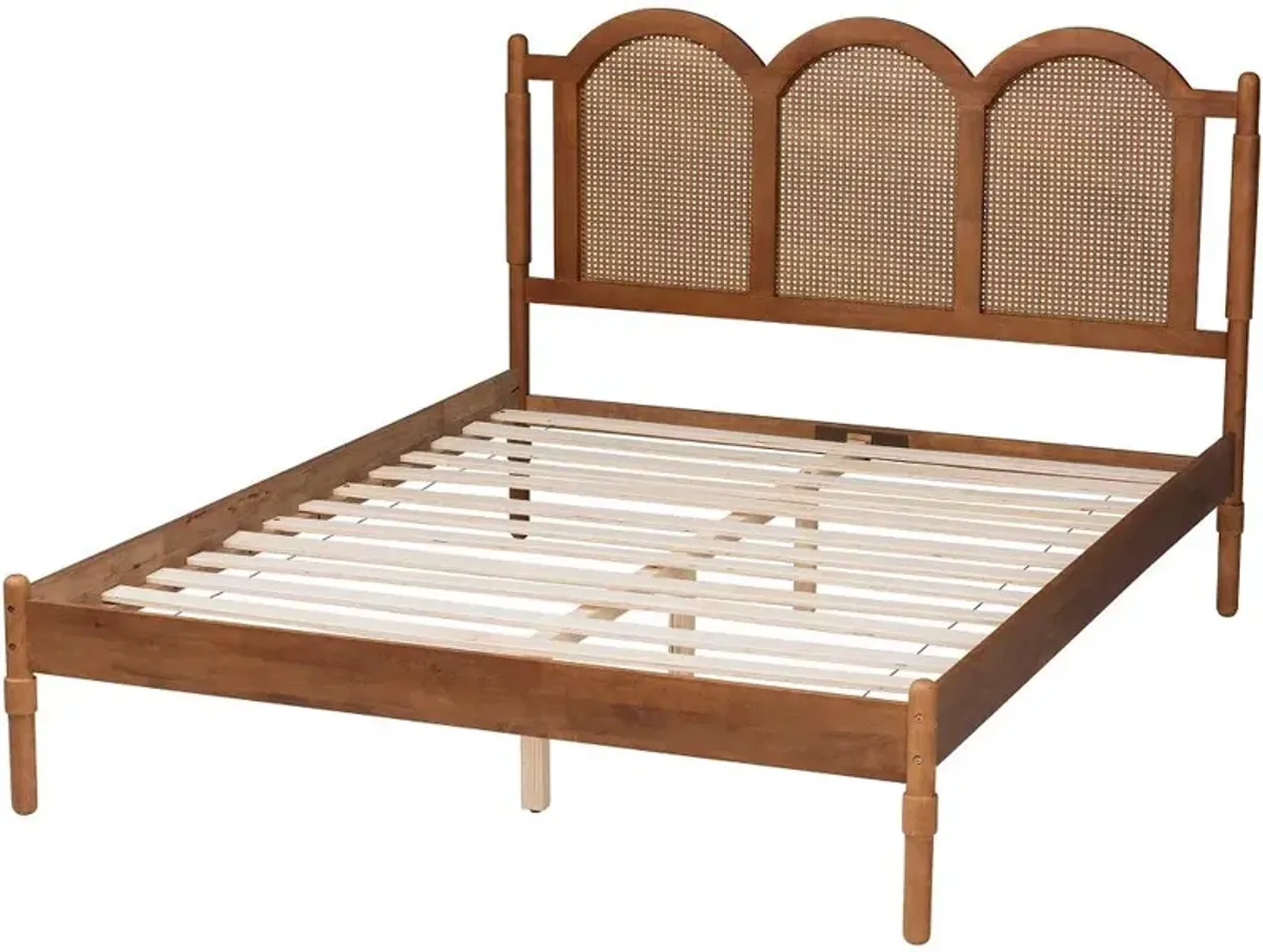 Thatcher Walnut Platform Bed with Woven Rattan Headboard