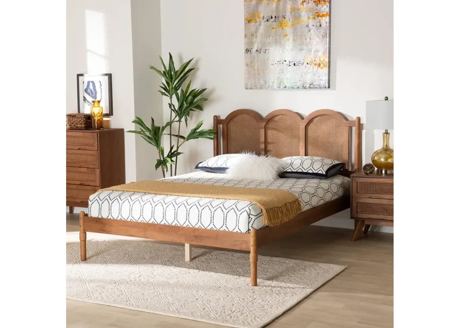 Thatcher Walnut Platform Bed with Woven Rattan Headboard