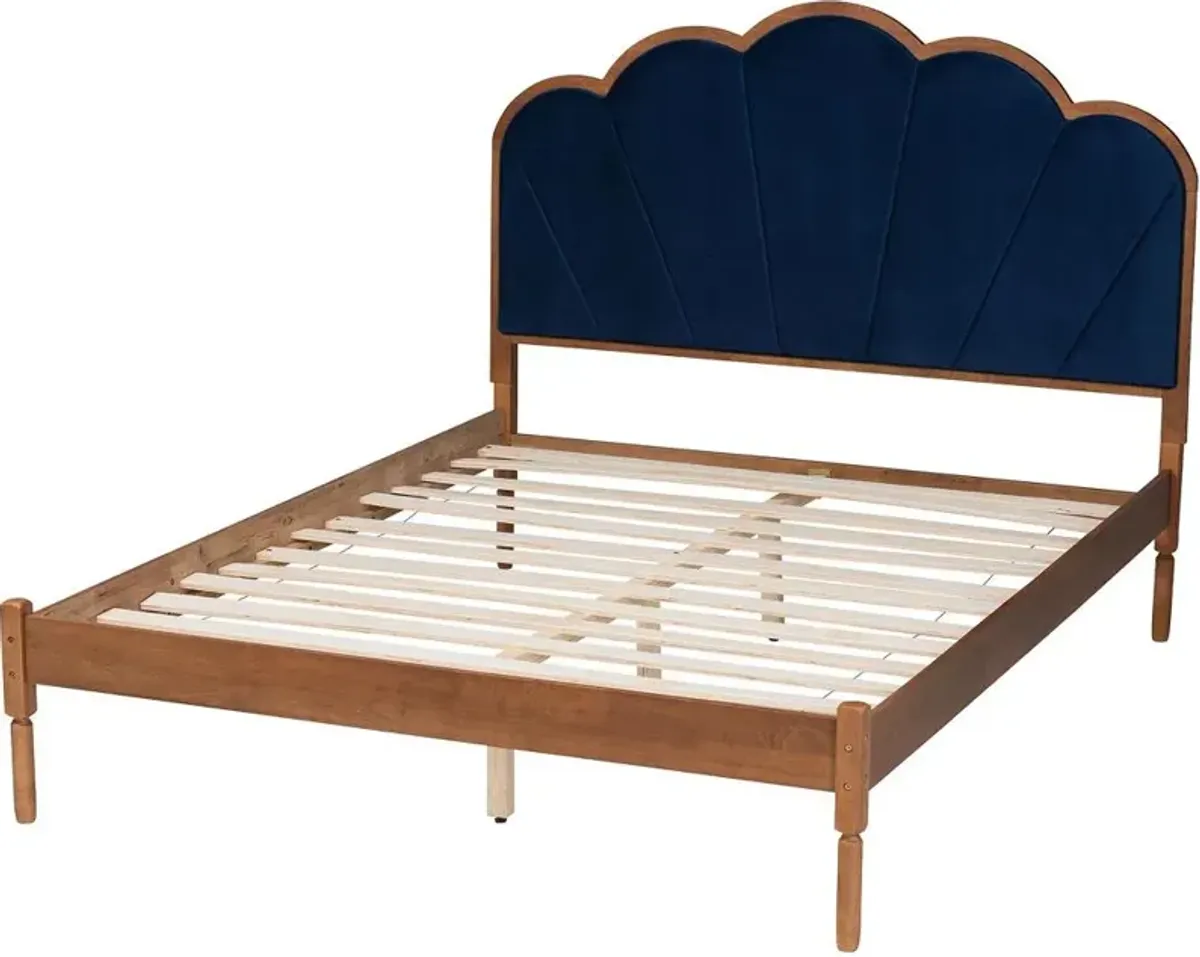 Hadria Navy Scalloped and Walnut Platform Bed