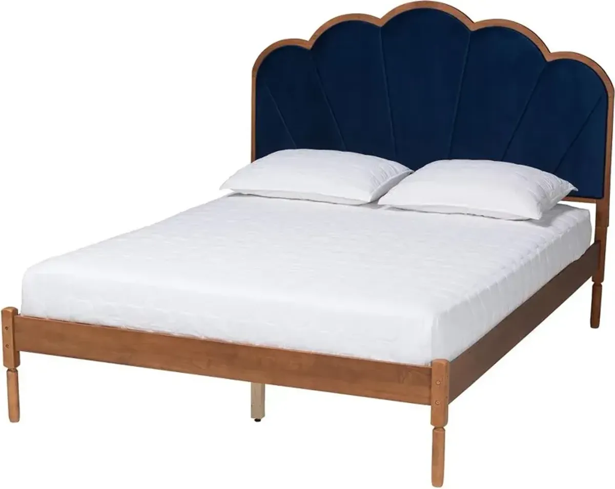 Hadria Navy Scalloped and Walnut Platform Bed