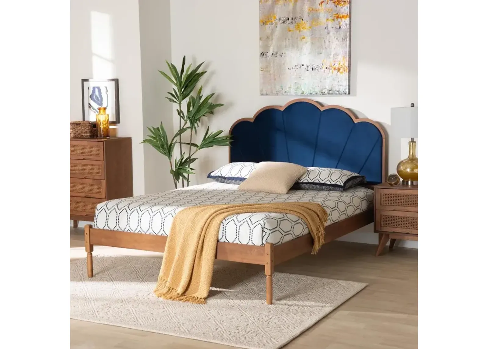 Hadria Navy Scalloped and Walnut Platform Bed