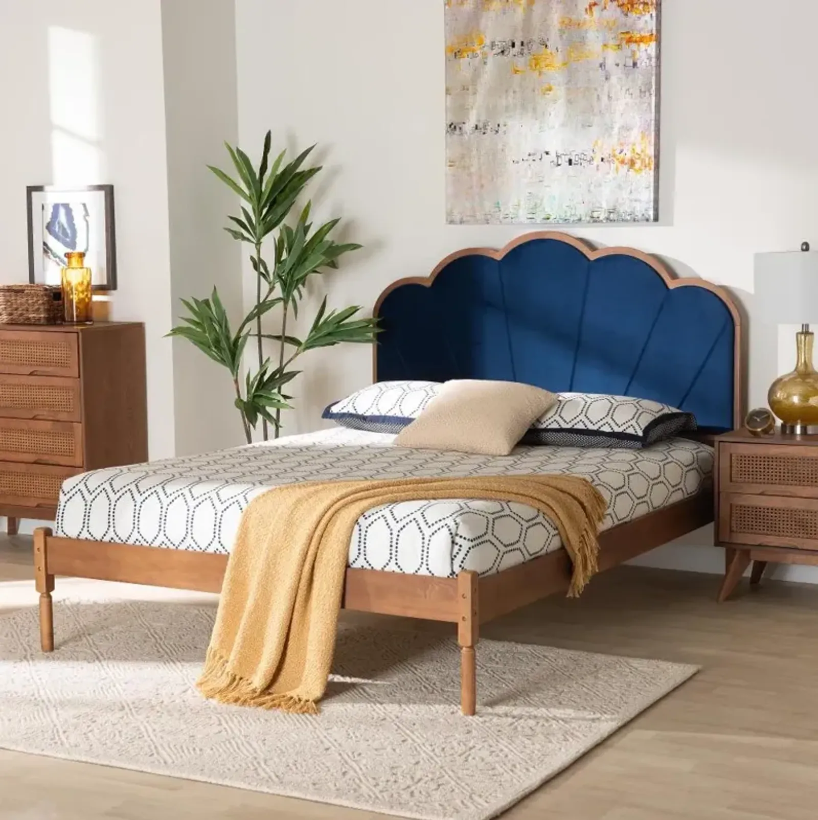 Hadria Navy Scalloped and Walnut Platform Bed