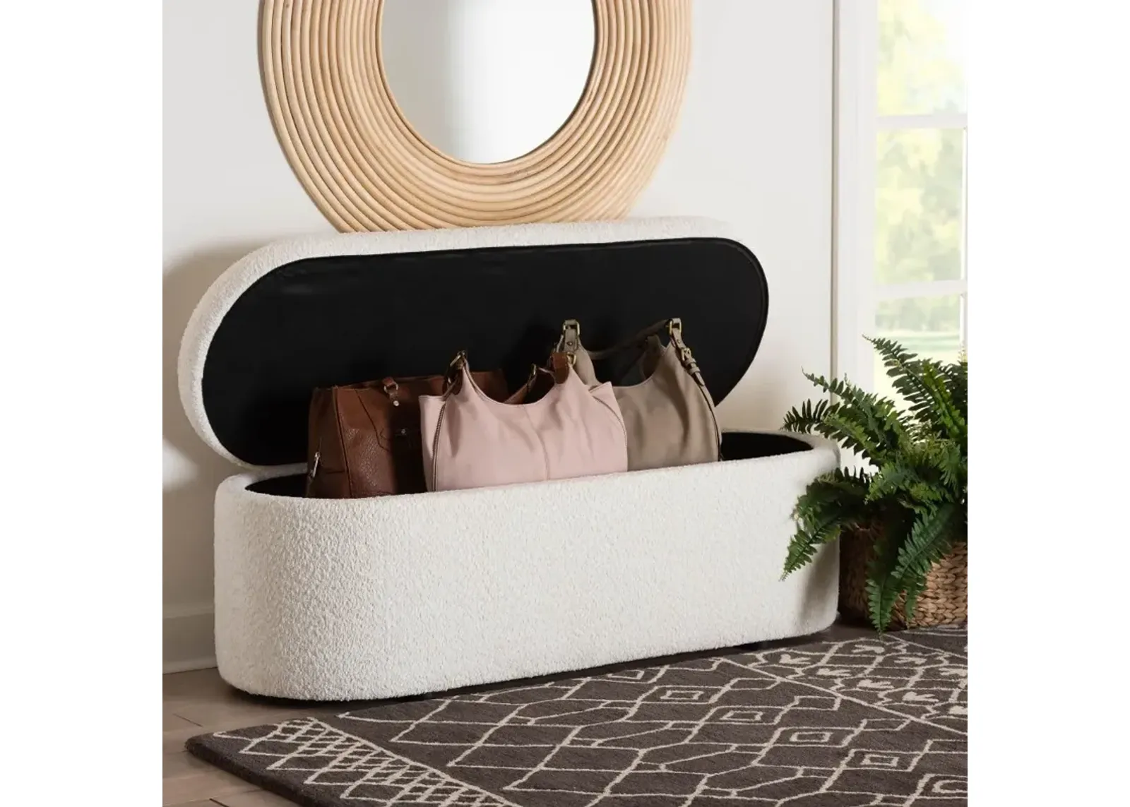 Lavina Modern White Boucle Storage Bench