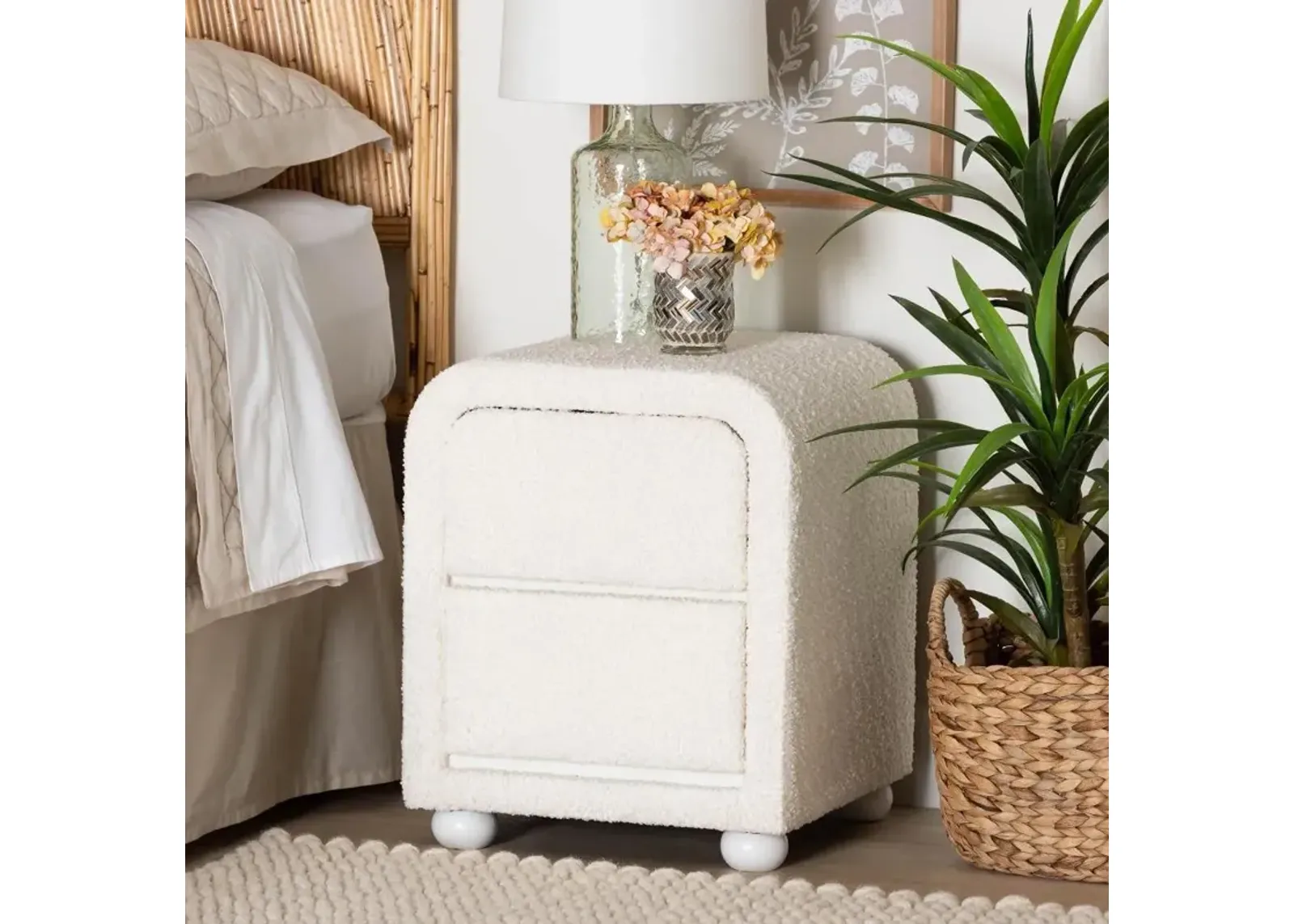 Lavina White Boucle 2-Drawer Nightstand