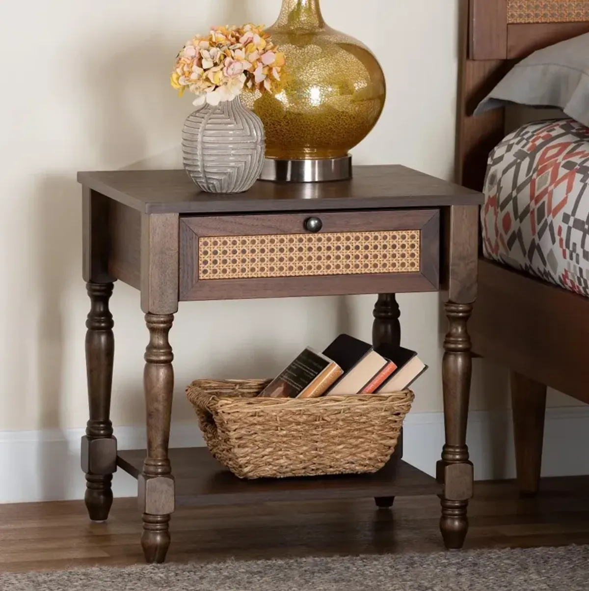 Roden Dark Brown and Rattan Nightstand