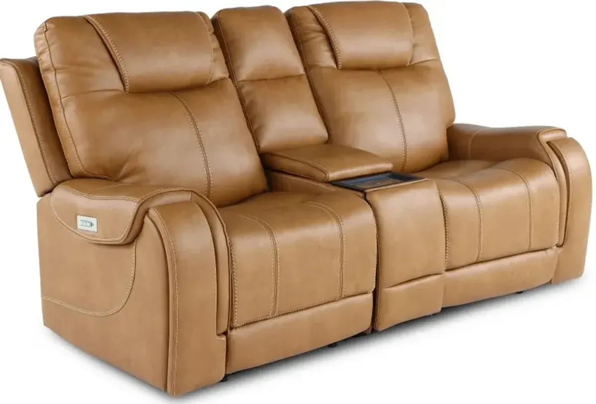 Conway Saddle Brown Power Reclining Loveseat with Audio Console