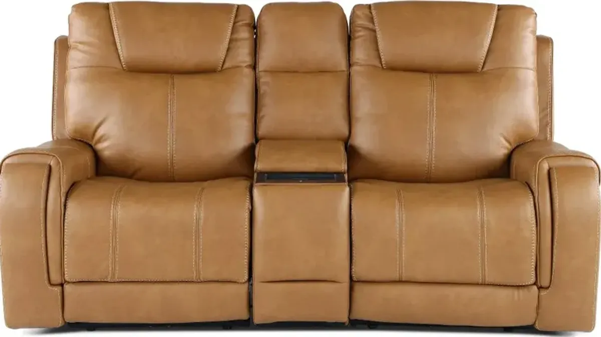 Conway Saddle Brown Power Reclining Loveseat with Audio Console