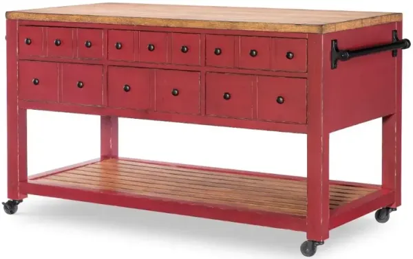 Country Living Oak and Red Green Kitchen Island