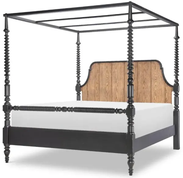 Country Living Black and Oak Queen Bobbin Canopy Bed