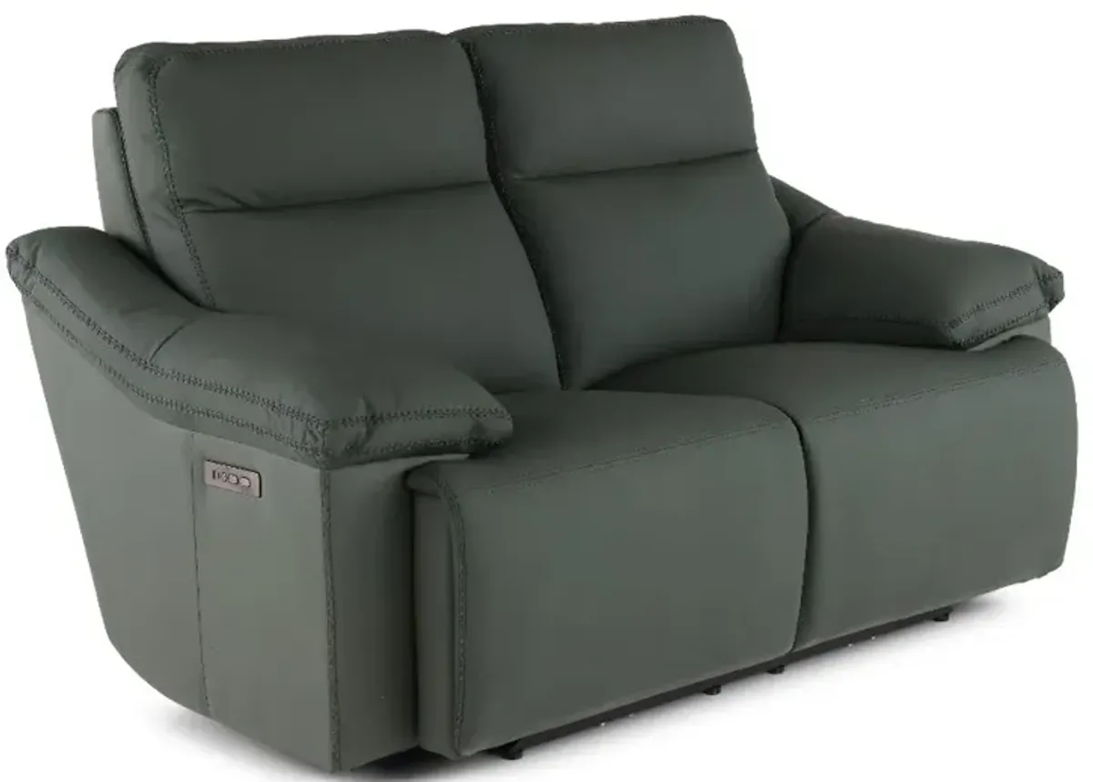 Istanbul Dark Green Leather Power Reclining Loveseat with Power Headrests