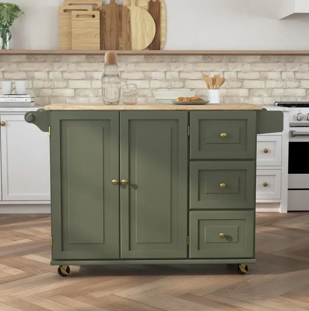 Dolly Madison Sage Kitchen Cart with Brass Hardware