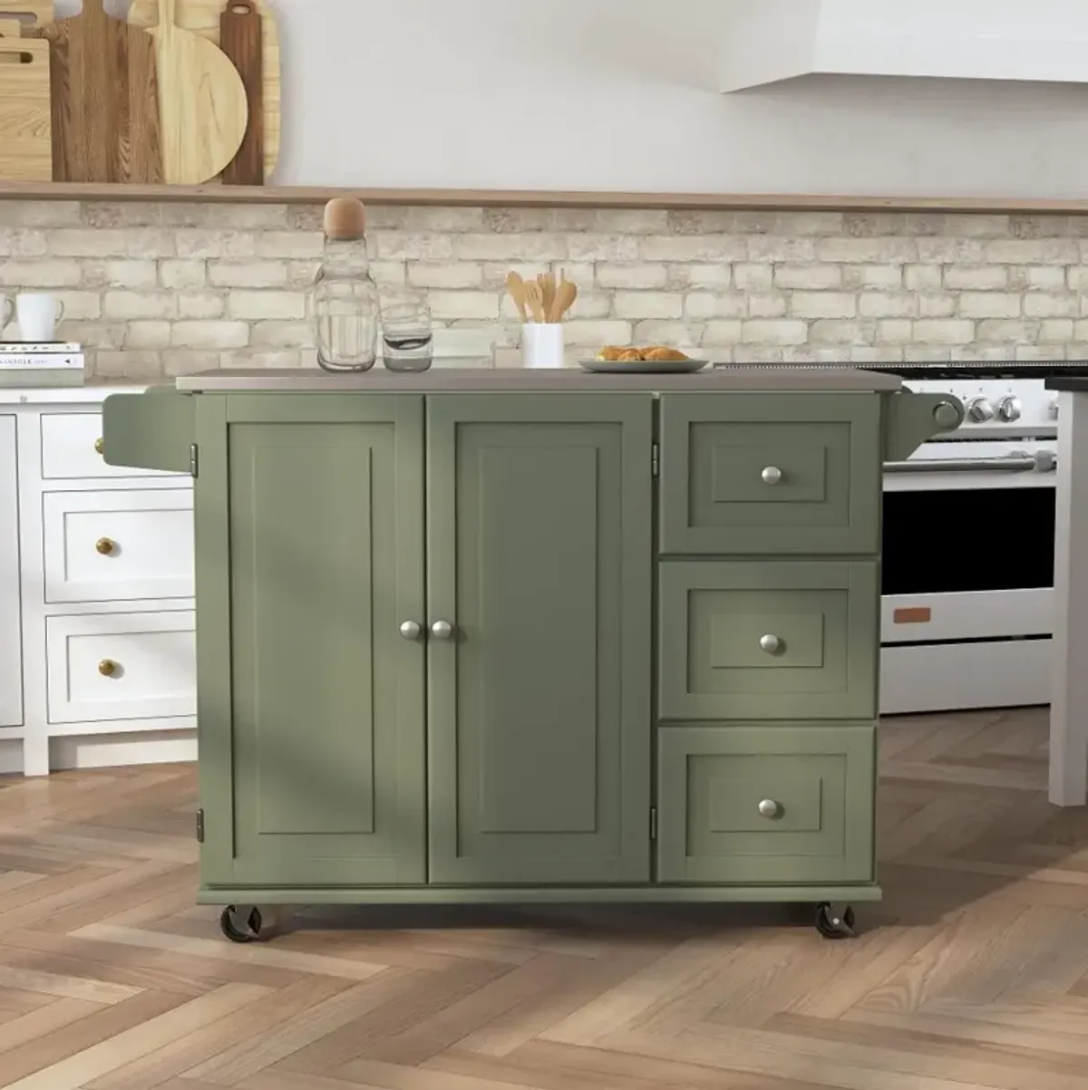 Dolly Madison Sage Kitchen Cart with Nickel Hardware