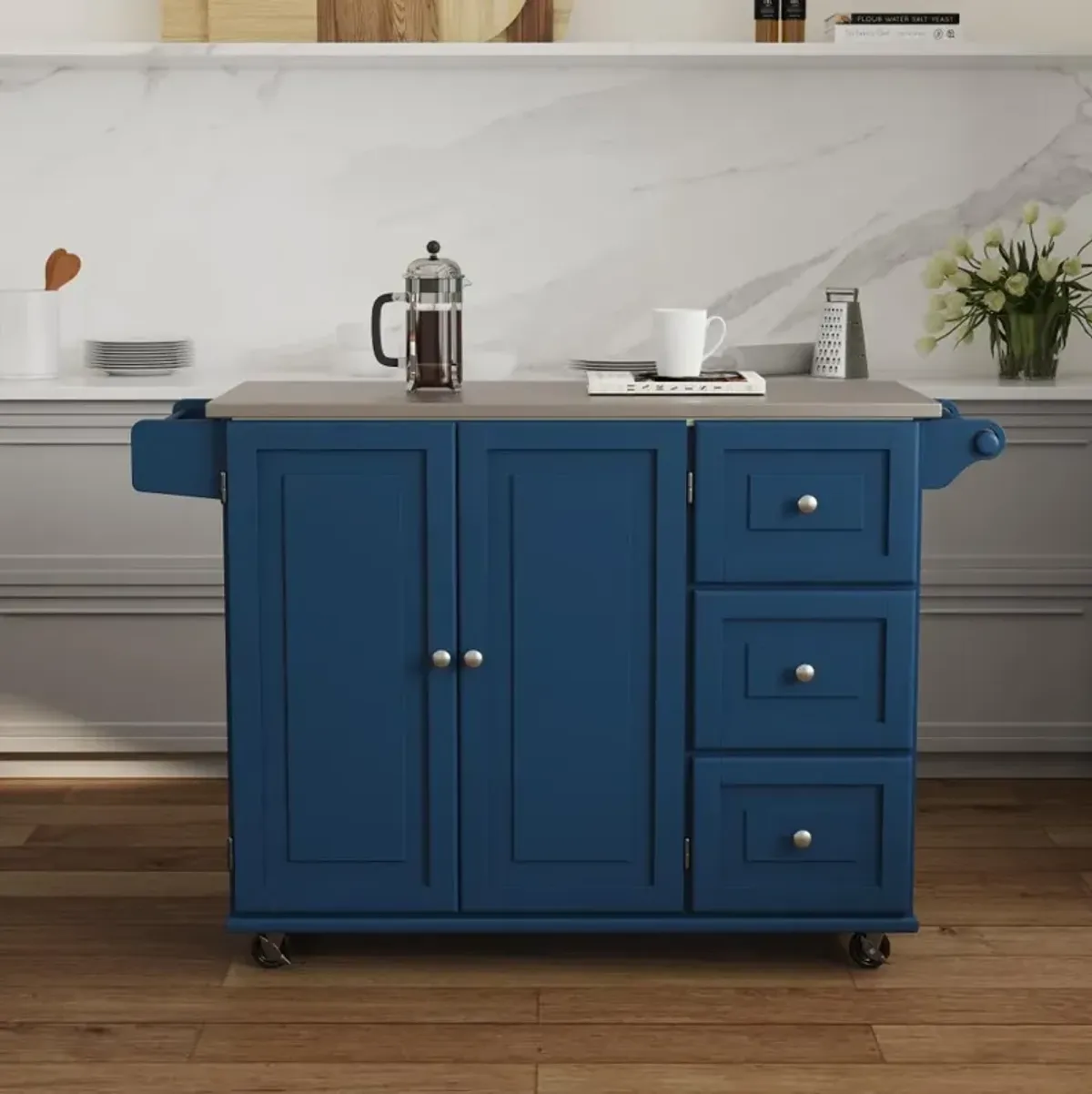 Dolly Madison Blue Kitchen Cart with Nickel Hardware
