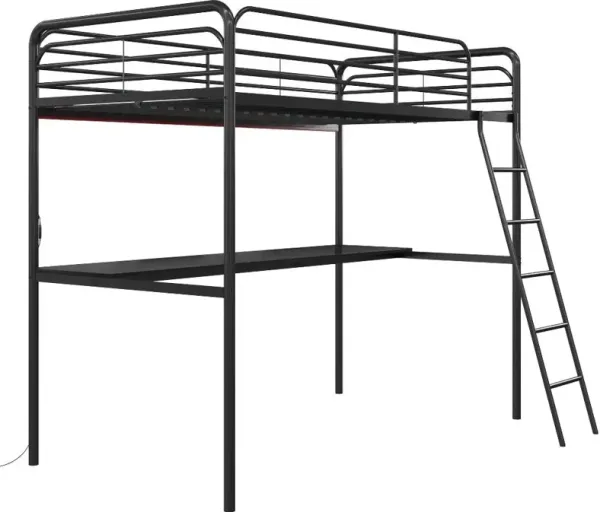 NTense Contra Black Twin Loft Bed with Desk and LED Lights