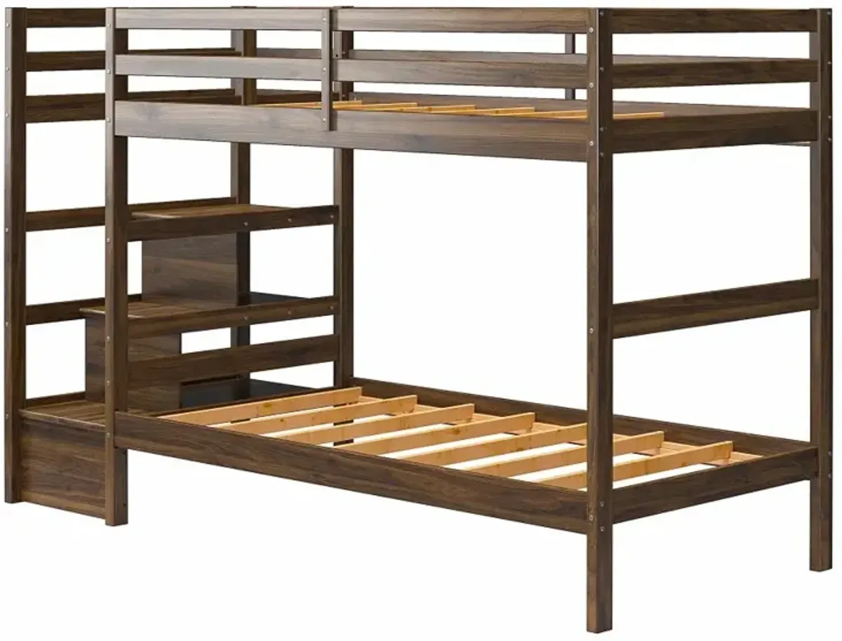 Little Seeds Zaire Mocha Wood Twin over Twin Bunk Bed with Stairs and Shelves
