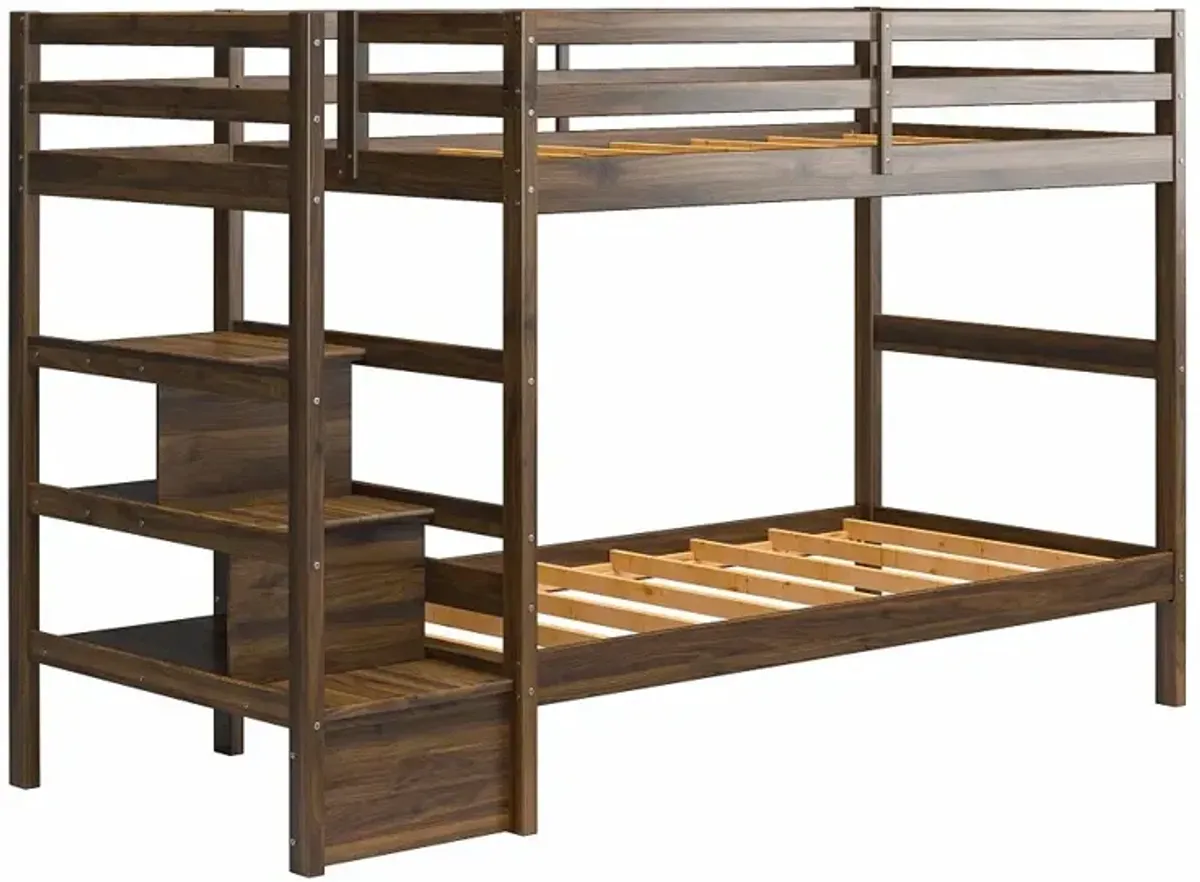 Little Seeds Zaire Mocha Wood Twin over Twin Bunk Bed with Stairs and Shelves