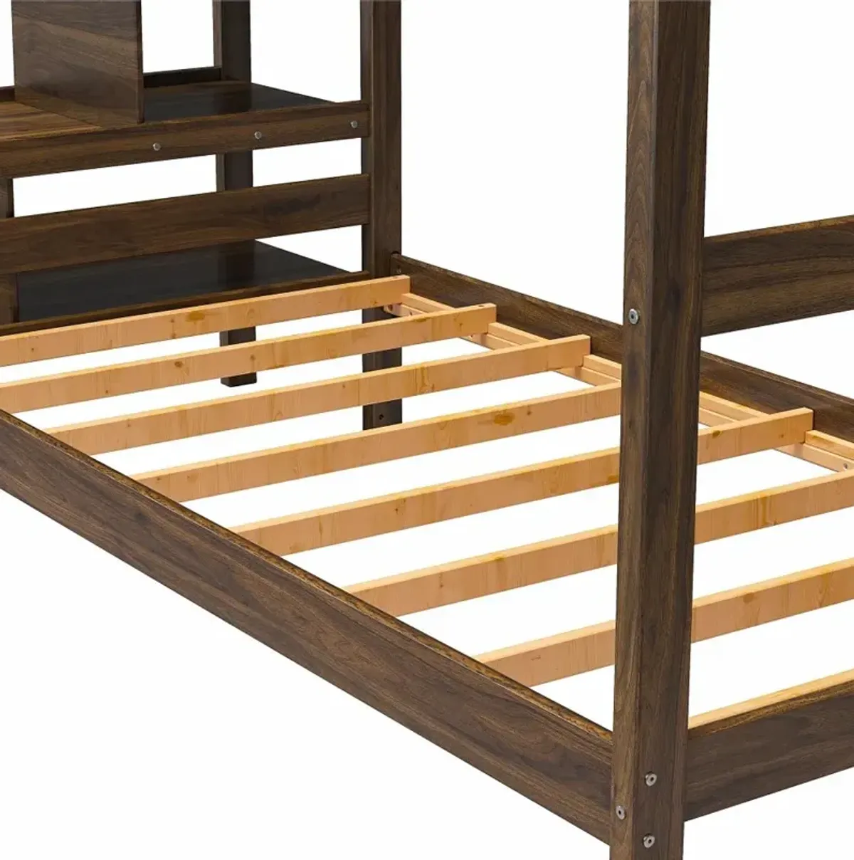 Little Seeds Zaire Mocha Wood Twin over Twin Bunk Bed with Stairs and Shelves