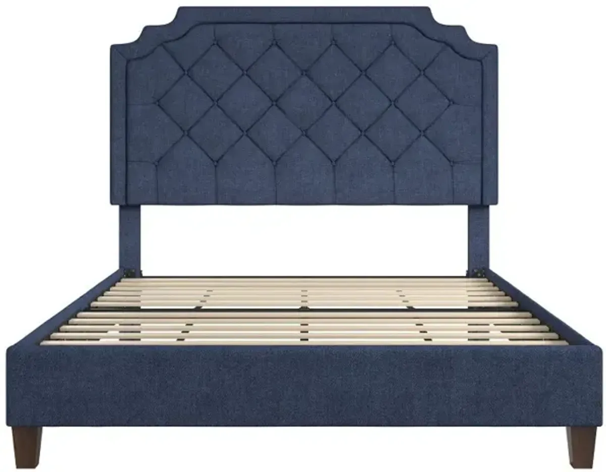 Eloise Navy Blue Chenille Upholstered Platform Queen Bed