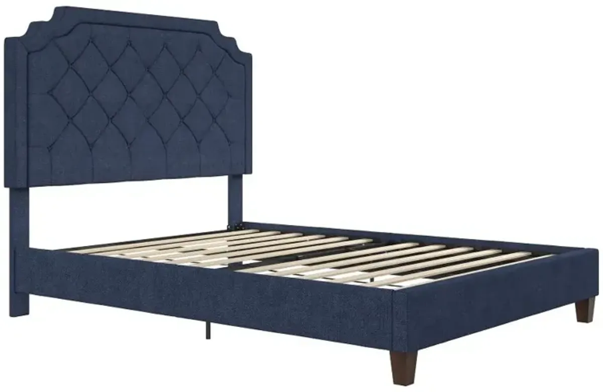 Eloise Navy Blue Chenille Upholstered Platform Queen Bed
