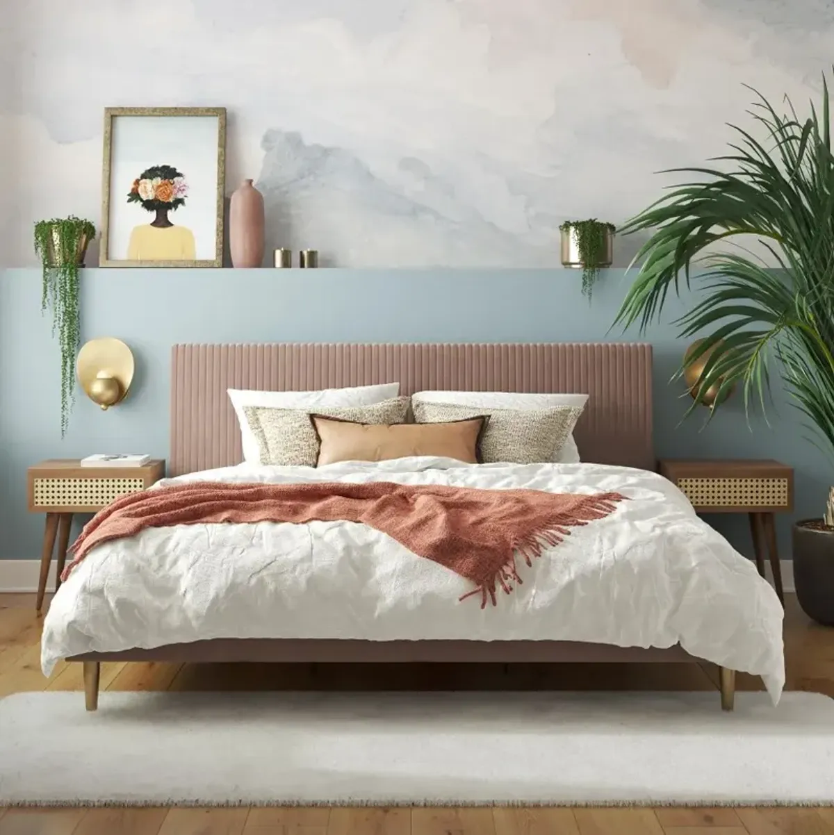 Mr. Kate Daphne Blush Velvet Upholstered King Bed