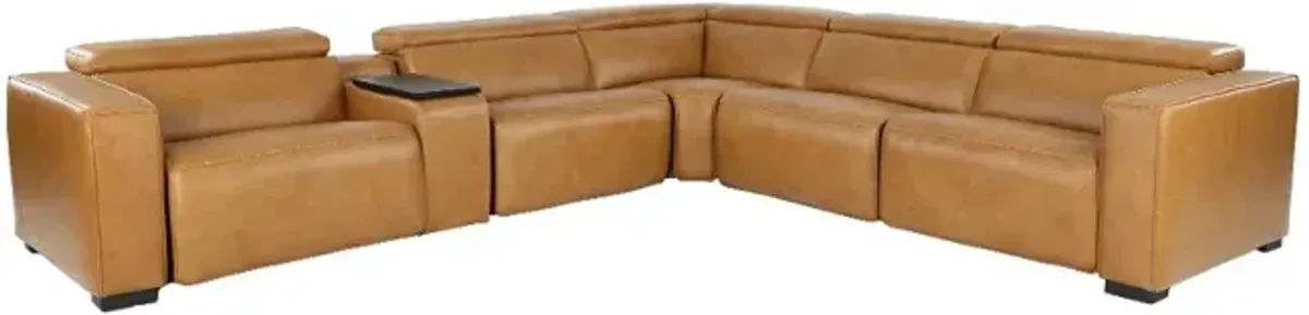 Softee Palomino Brown Leather 6-Piece Power Reclining Sectional with 3D Sound System
