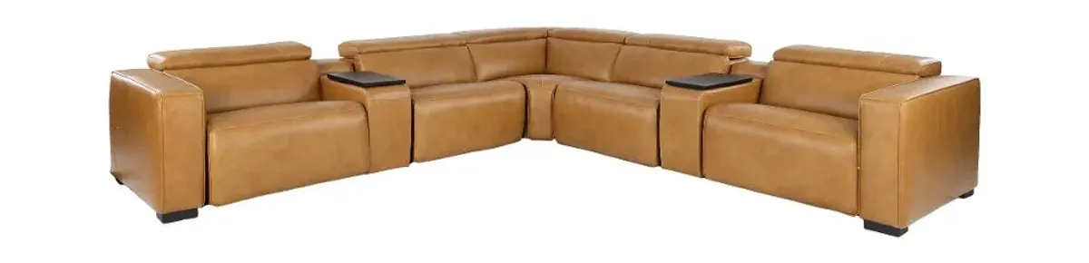 Softee Palomino Brown Leather 7-Piece Power Reclining Sectional with 3D Sound System