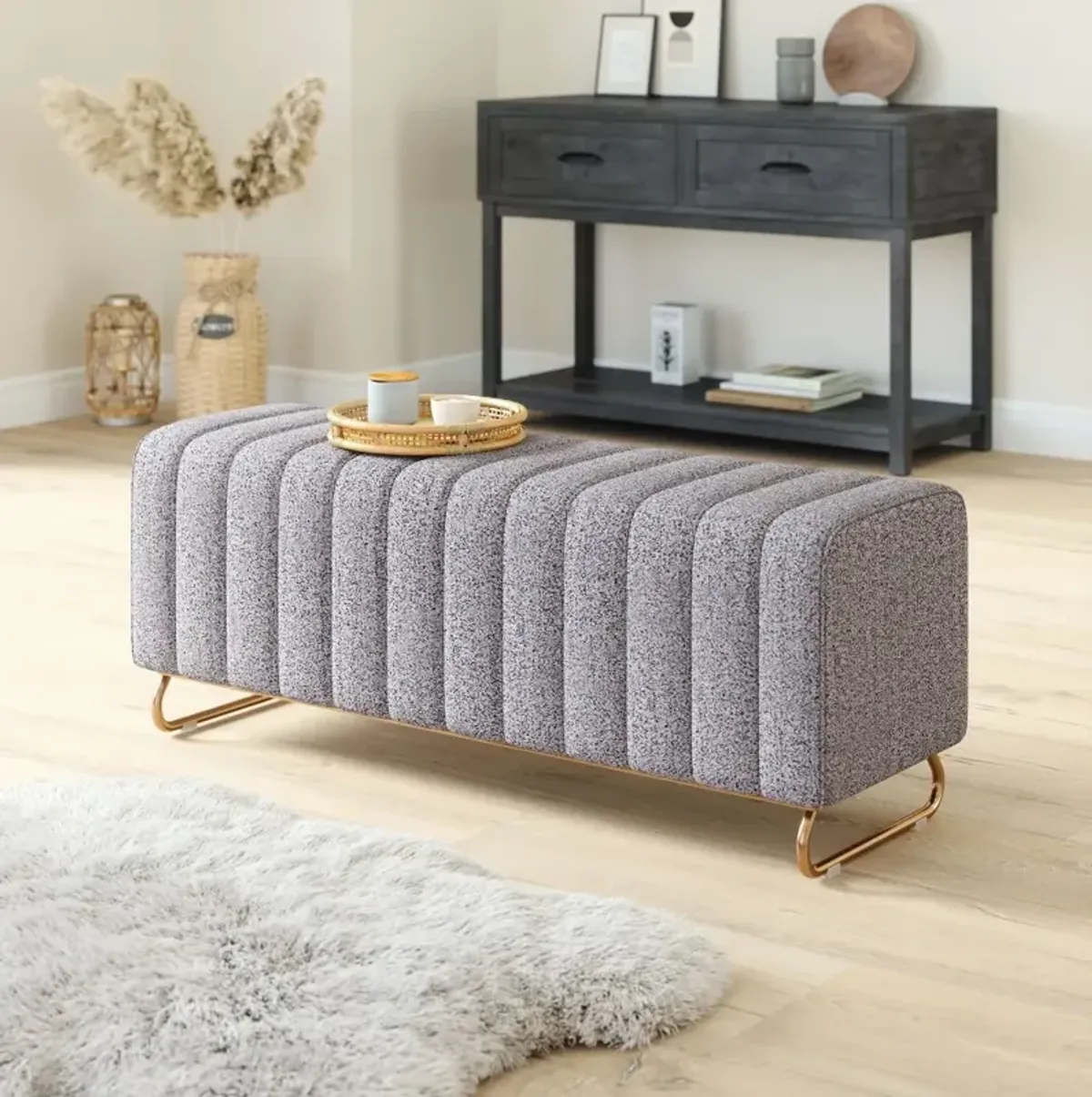 Pendleton Stone Gray Velvet Upholstered Bench