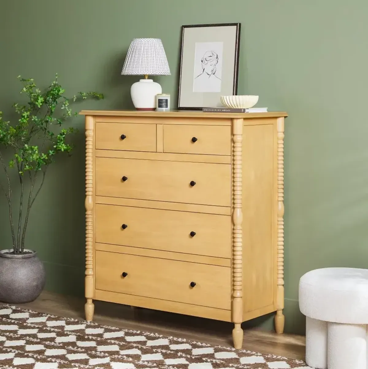 Vivienne Natural Wood Spindle 5-Drawer Dresser