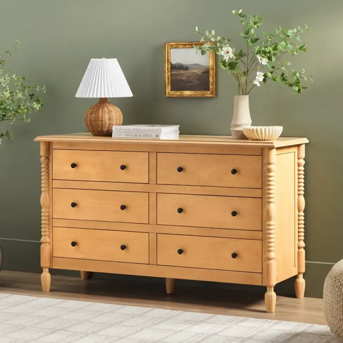 Vivienne Natural Wood Spindle 6-Drawer Dresser