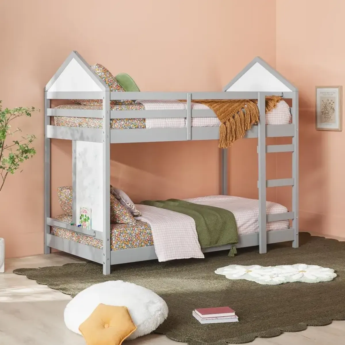 Skyler Gray Wood House Twin over Twin Bunk Bed