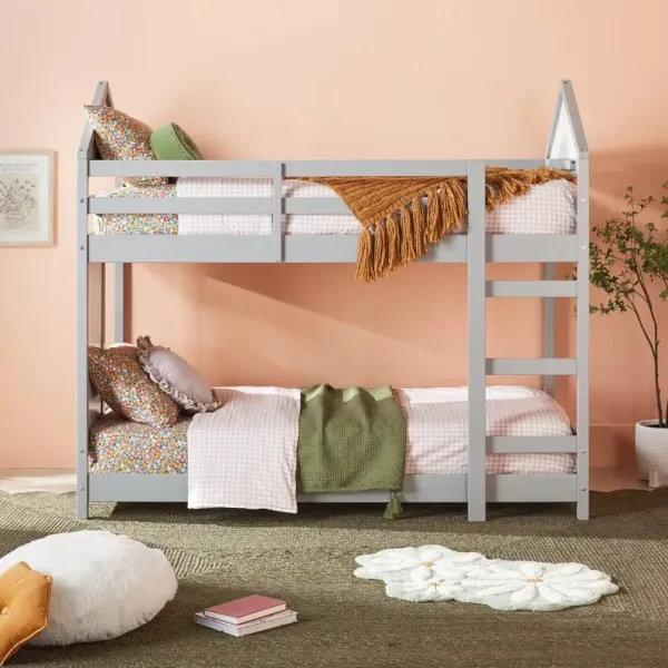 Skyler Gray Wood House Twin over Twin Bunk Bed