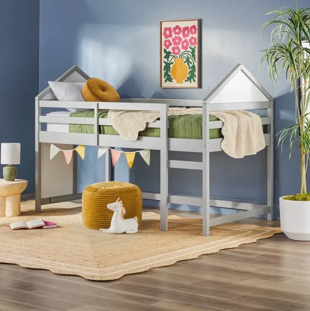 Skyler Gray Wood House Twin Low Loft Bed