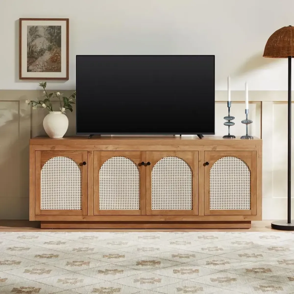 Sasha English Oak 70" TV Stand with Rattan Doors