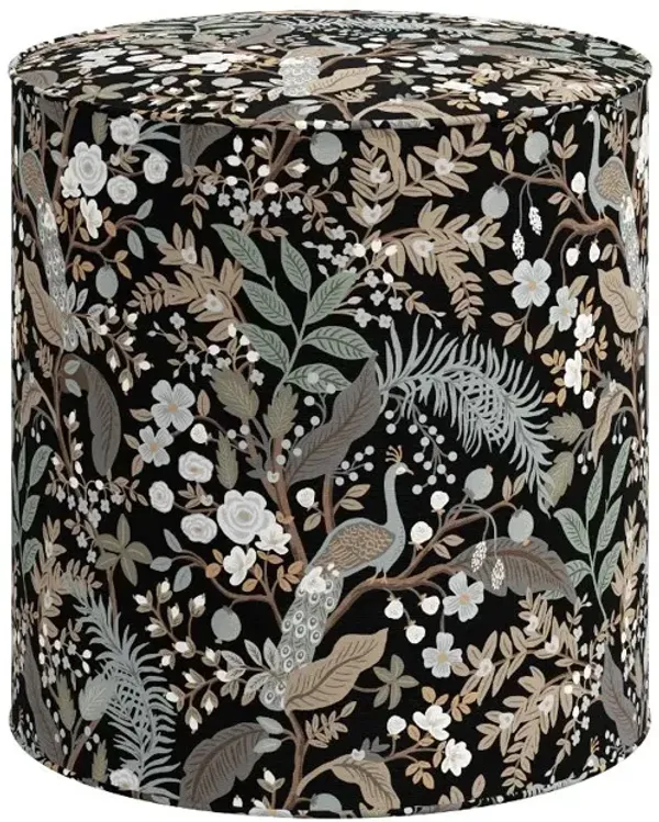 Rifle Paper Co Billie Peacock Black Round Ottoman