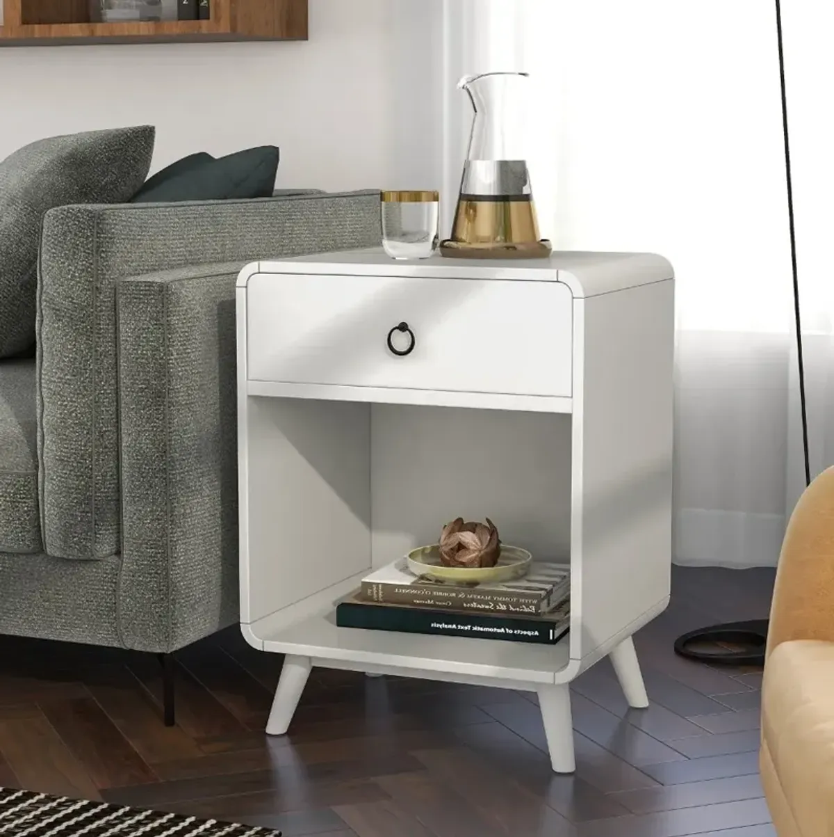 Gerry Antique White End Table with Storage Drawer