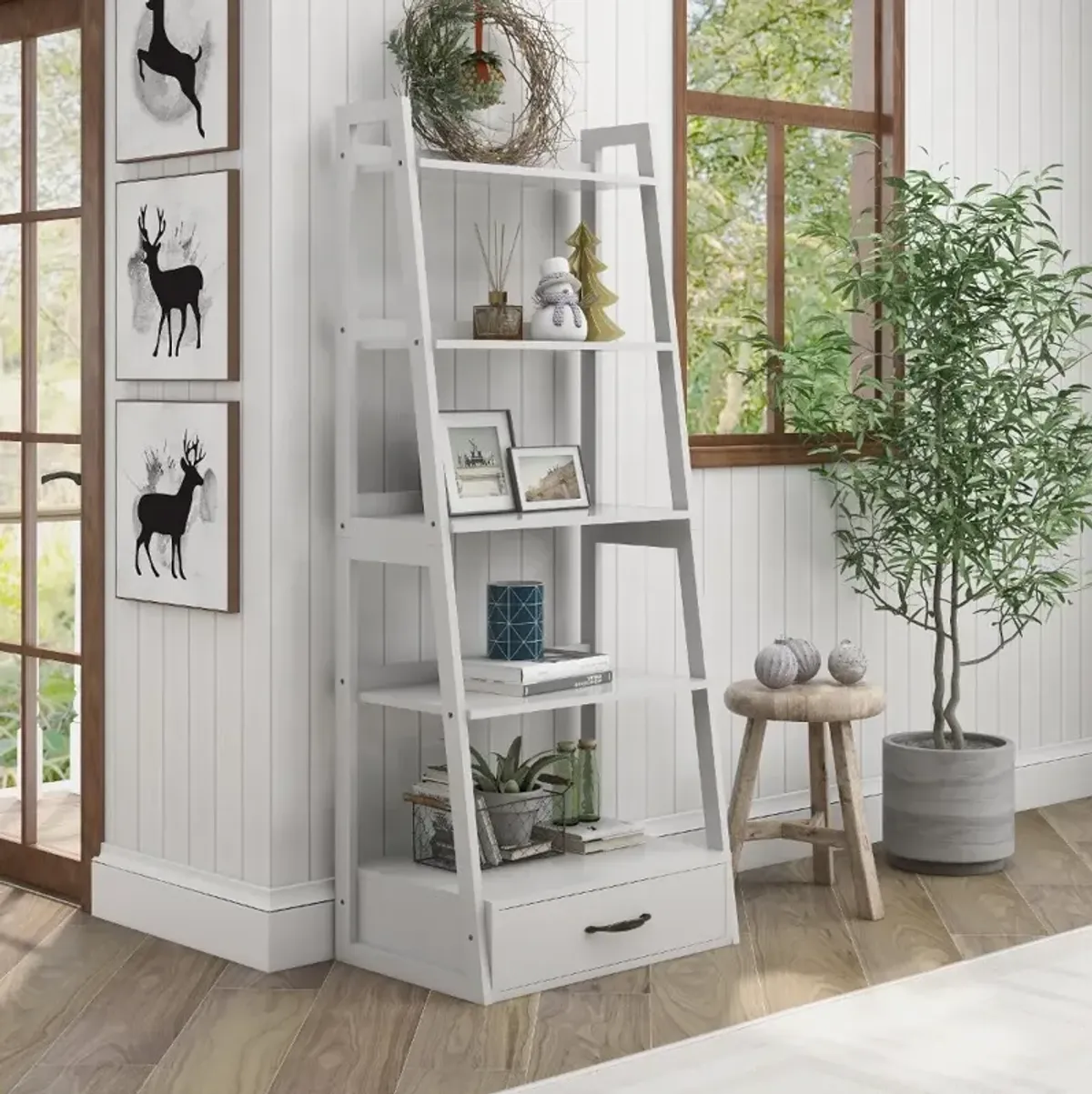 Hinnes White Ladder Bookcase with Drawer