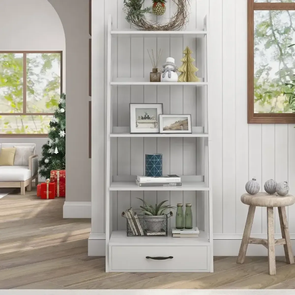 Hinnes White Ladder Bookcase with Drawer