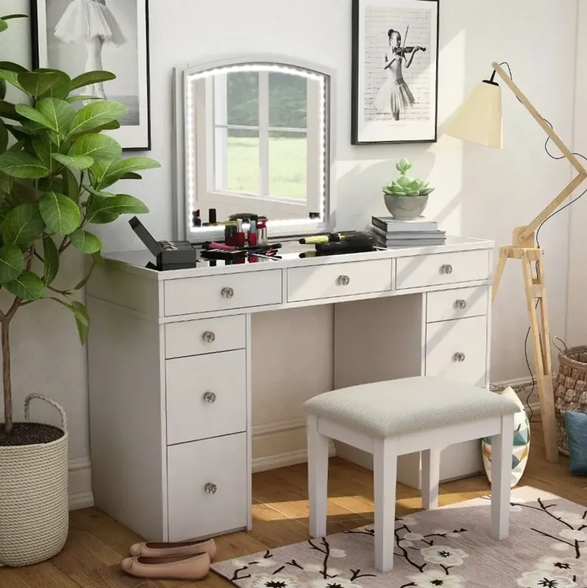 Shelly White Vanity Set with Mirror and Stool