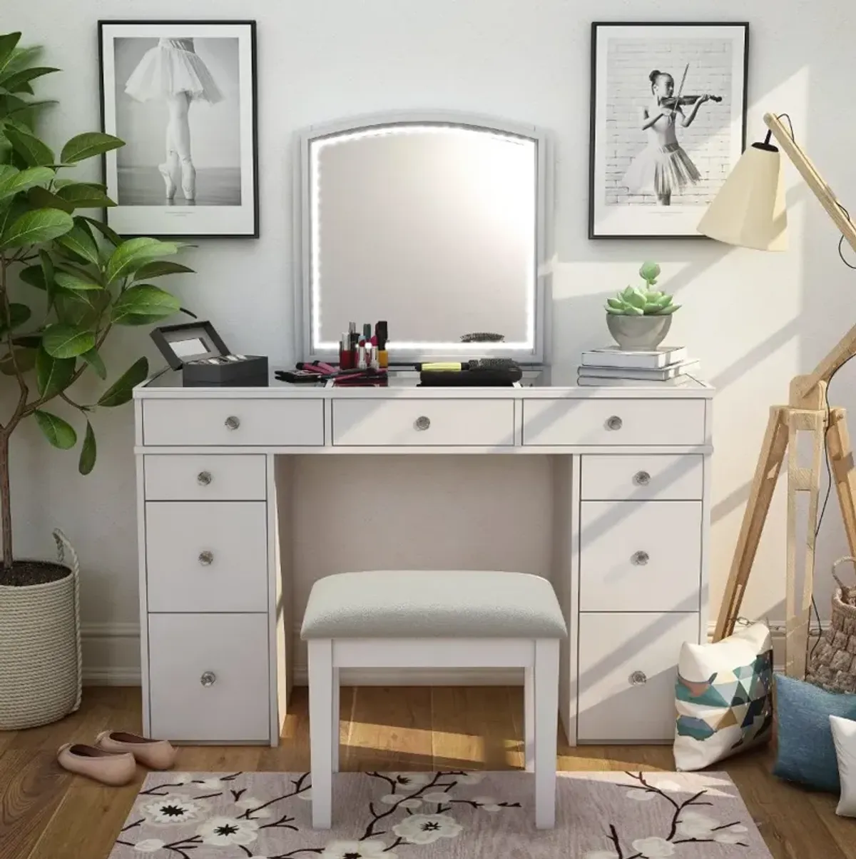 Shelly White Vanity Set with Mirror and Stool