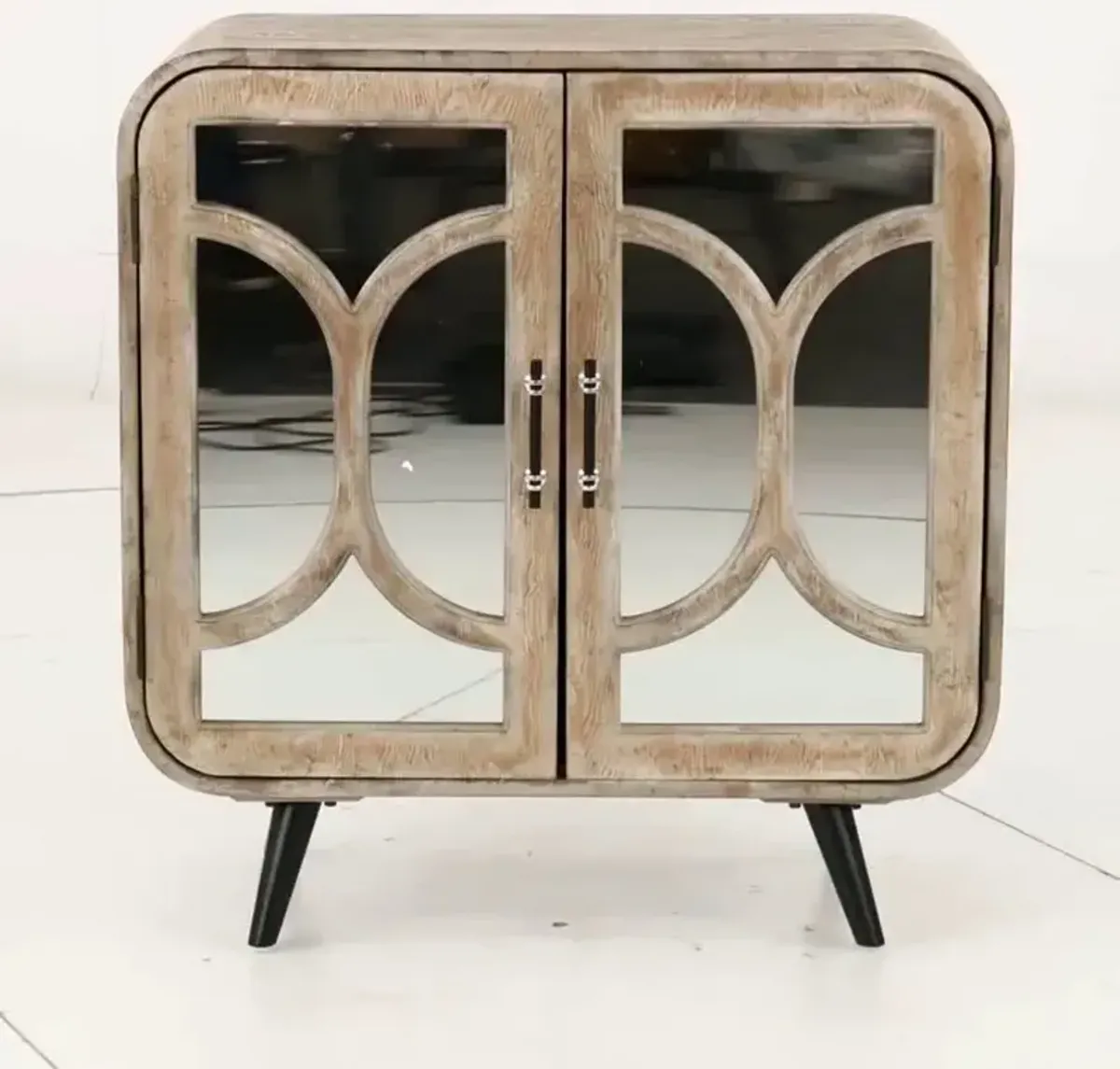 Natural Wood 2-Door Mirrored Accent Cabinet